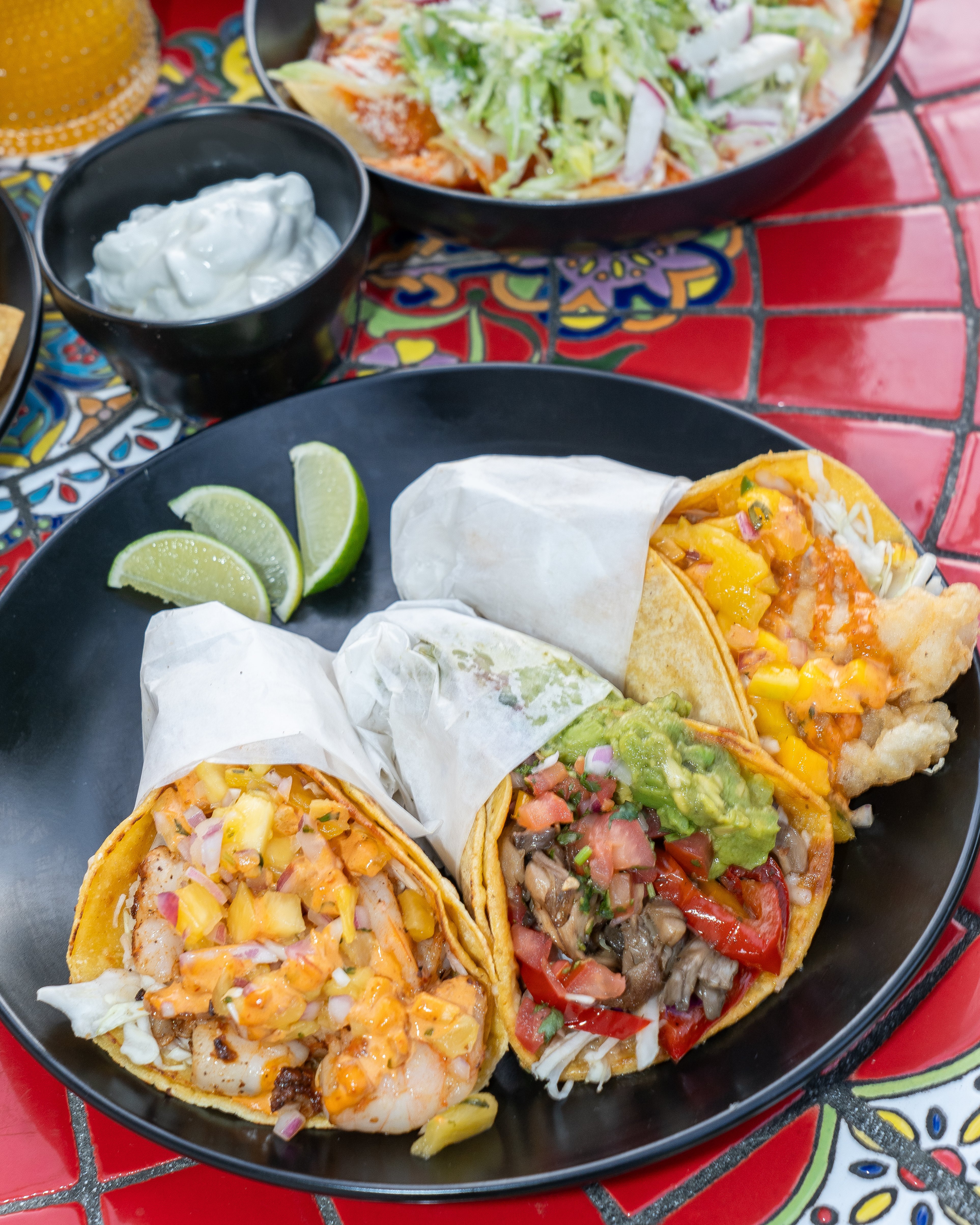 Shrimp pulled mushroom cod tacos